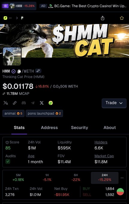A screenshot of the $HMM (Thinking Cat) meme coin on DEXTools shows a token down 15.29% in the last 24 hours with an $11.8M market cap, $1M in 24-hour volume, and 6.6K holders—illustrating the volatile post-pump reality of a coin that previously surged 500x but is now in a significant downtrend.