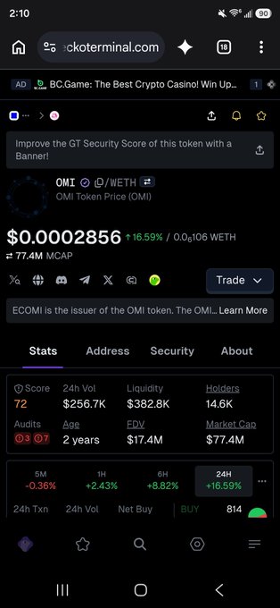 A mobile screenshot of a cryptocurrency tracking page on ckoterminal.com displaying the OMI Token Price at $0.0002856, with stats including a 24H change of +16.59%, a $77.4M market cap, and 14.6K holders.