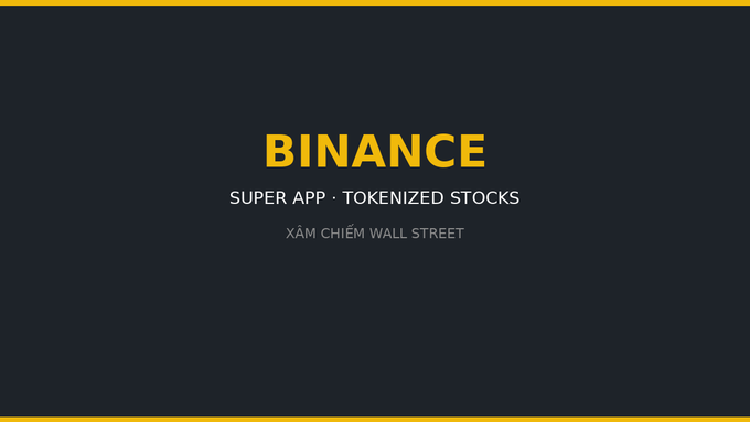 The image features a black background with white text that reads "BINANCE" followed by "Super App - tokenized stocks". The text is positioned above an image of a building, which appears to be a wall street. This suggests that the image might be related to real estate or stock market trends in the context of Binance's operations.