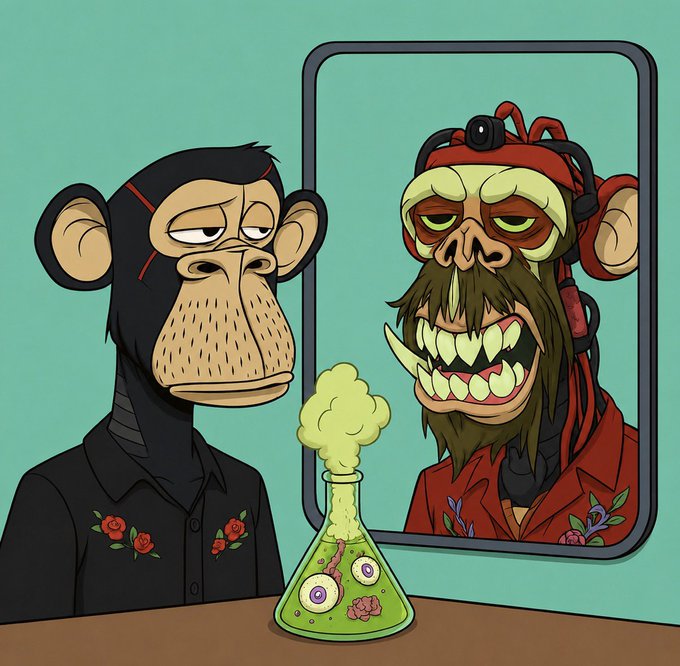 A cartoon illustration of a Bored Ape character looking into a mirror, where its reflection shows a deformed, monstrous version with a red helmet, set above a bubbling flask with eyeballs.