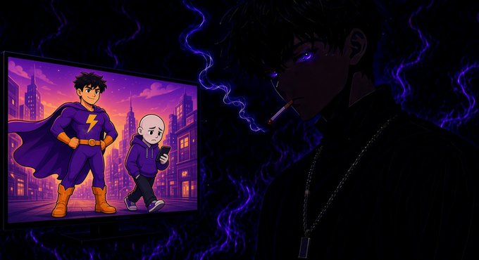 An anime-style image shows a dark, shadowy character smoking a cigarette on the right, watching a screen on the left that displays a superhero in purple and a bald character in a hoodie against a city sunset.