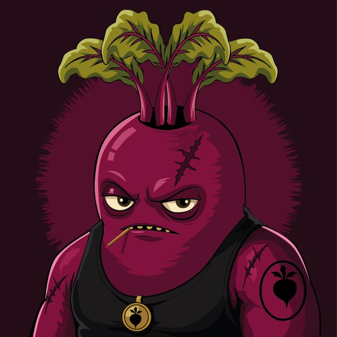 An illustration depicts a menacing purple beet character with green leaves sprouting from its head, wearing a black tank top with a pendant, displaying tattoos and a stitched scar.