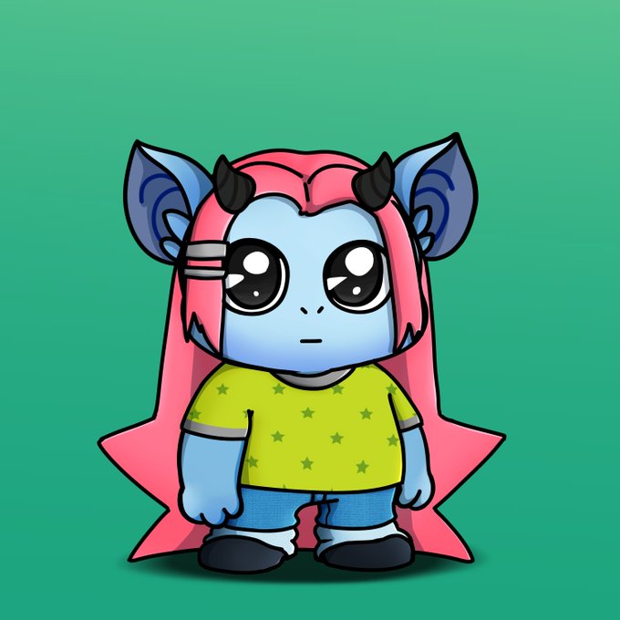 A digital illustration shows a cartoon character with large blue eyes, pink hair, small black horns, and a green star-patterned shirt on a green background.