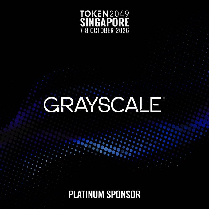 A promotional graphic for TOKEN2049 Singapore (7-8 October 2026) featuring the Grayscale logo against a black background with blue dotted design elements, identifying Grayscale as a Platinum Sponsor of the event.