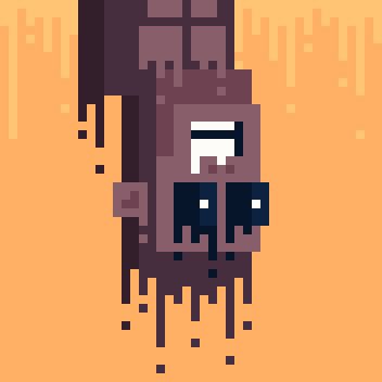 A pixel-art character with glowing blue eyes drips in black ink against an orange background, symbolizing the "vouching" and "botting" enforcement measures mentioned in the post about securing NFT/FCFS spot allocations.