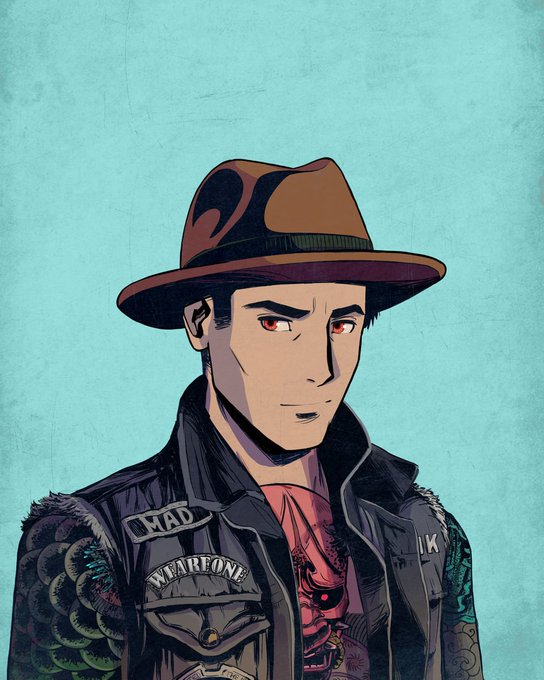 A digital anime-style illustration of a man wearing a brown fedora and a black leather jacket with patches reading 'MAD' and 'WARONE', and a Chinese dragon tattoo on his arm.