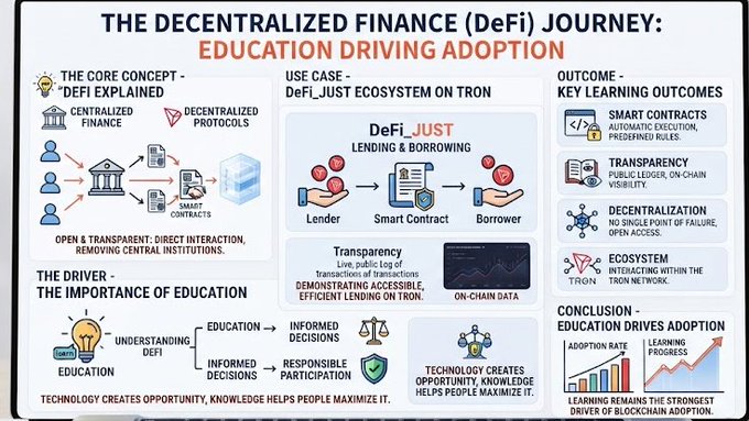 Infographic titled 'THE DECENTRALIZED FINANCE (DeFi) JOURNEY: EDUCATION DRIVING ADOPTION' explaining DeFi concepts, the use case of DeFi_JUST lending on Tron, and outcomes like smart contracts, transparency, and decentralization.