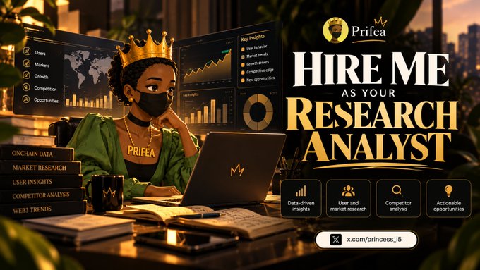 A promotional graphic reading 'HIRE ME AS YOUR RESEARCH ANALYST' by Prifea, depicting a masked woman with a crown at a desk with charts on screens behind her, advertising services like onchain data and market research.