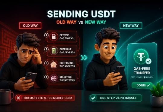 An infographic titled 'SENDING USDT' contrasting the 'OLD WAY' (frustrated user, 4 steps: getting gas tokens, checking gas/energy, confirming address, selecting network) with the 'NEW WAY' (happy user with gas-free transfer done in one step).