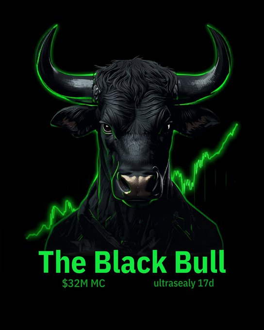 A stylized digital artwork of a black bull with glowing green accents and chart lines, titled 'The Black Bull' with text showing '$32M MC' and 'ultrasealy 17d'.