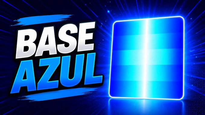 The image features a large blue square with white lines, which appears to be a neon light or a glowing object. The background of the image is dark blue, creating a contrast that makes the neon square stand out. Below the square, there's text in white and blue colors that reads "Base Azul". This text seems to be related to the neon square, possibly indicating an upgrade or enhancement to Base Azul's system.