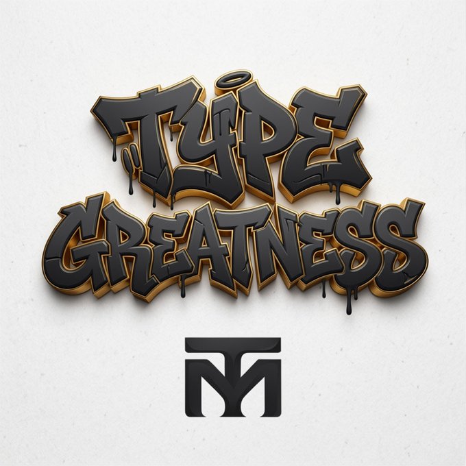 The image displays stylized graffiti text reading "TYPE'S GREATNESS" with a dripping paint effect in dark gray and gold tones, positioned above a bold "TM" logo. The design ties into the post's celebration of Type media climbing to the top of the Doginal Dogs leaderboard by acquiring four new grails, visually representing the "greatness" and hype around their growing NFT collection.