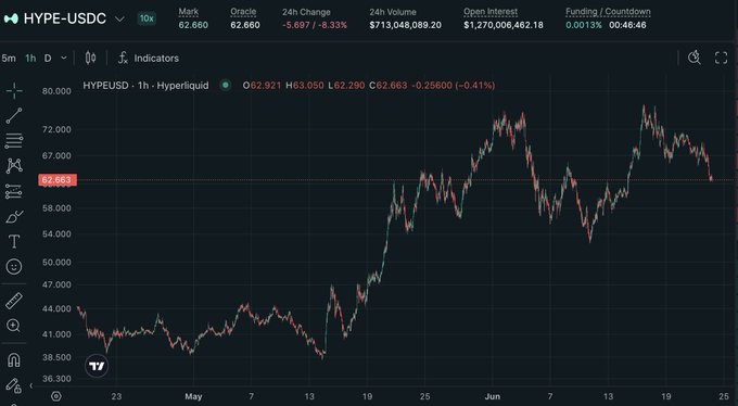 The image features a chart of stock market trends, including an upward-moving line with red dots representing the rise in value over time for a specific cryptocurrency called Hype. The chart also includes other cryptocurrencies such as USDC (Usdc) and DOGE. This graph is displayed on a black background within the trading app. Based on this information, one can deduce that the trader is interested in buying more of the Hype coin because it has consistently climbed higher than its counterpart coins like USDC and DOGE.
