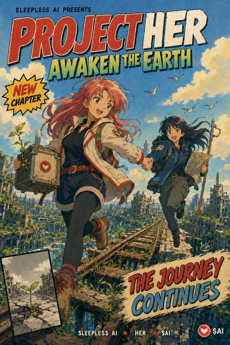 The image is a vibrant poster for "Project Her: Awaken the Earth," presented by Sleepless AI, featuring two anime-style heroines running along overgrown train tracks with a cityscape behind them, promoting "The Journey Continues" as a "New Chapter."

The poster visually supports the post by showcasing the next installment of the AI-driven Web3 comic, highlighting its anime art style and adventurous tone.