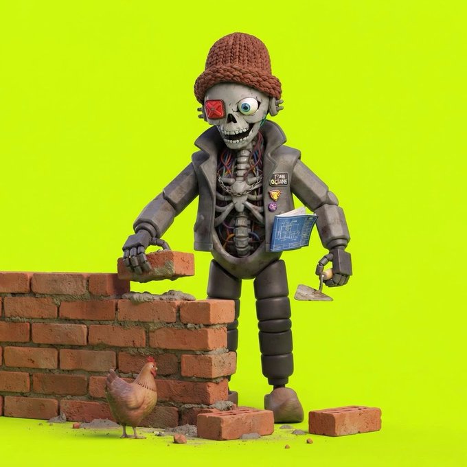 A 3D-rendered cartoon skeleton character wearing a brown beanie and gray jacket, holding a trowel and a blueprint, building a brick wall with a chicken standing nearby against a lime green background.