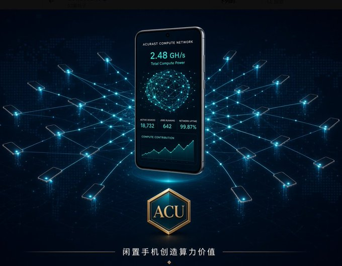 A smartphone displays the Acurast Compute Network dashboard showing 2.48 GH/s total compute power, 16,732 active devices, 642 jobs running, and 99.87% network uptime, with interconnected phone nodes and the ACU logo beneath, illustrating how idle phones transform into a decentralized, verifiable compute network rewarded with $ACU.