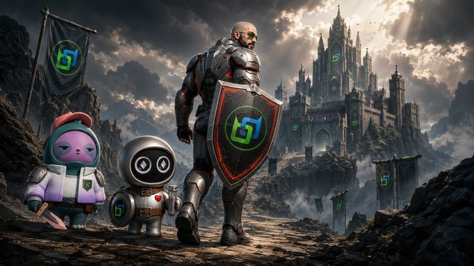 A fantasy-themed digital artwork depicts a knight in armor with a green logo shield, standing alongside a robot and a purple character in front of a dark castle under a cloudy sky, with matching logo banners scattered around.