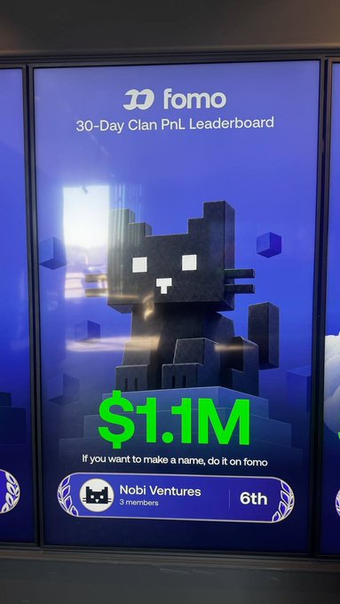 A digital display at the Fomo x Pudgy event showcases the "30-Day Clan PnL Leaderboard," highlighting Nobi Ventures ranked 6th with $1.1M in profit, alongside the playful tagline "If you want to make a name, do it on fomo." The image reflects the post's message, emphasizing the real, impressive trading results achieved by Nobi Ventures on the Fomo platform during the event.