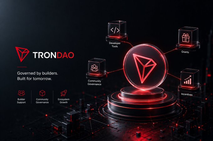 A promotional graphic for TRONDAO features the tagline "Governed by builders. Built for tomorrow." alongside a glowing TRON logo surrounded by six interconnected pillars representing Developer Tools, Grants, Community Governance, Incentives, Ecosystem Growth, and Builder Support, visually reinforcing the post's message about community-driven decentralized governance that extends beyond simple voting power to active ecosystem development.