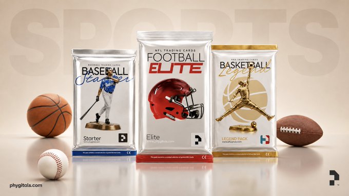 Three foil packs of NFL trading cards—Baseball Season "Starter," Football "Elite," and Basketball "Legend" packs—are displayed alongside a basketball, baseball, and football against a "SPORTS" backdrop, with "phygitools" branding visible. The image complements the post by showcasing the trading card inventory available through their sourcing platform with automated payouts.