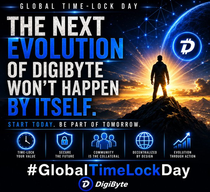A promotional graphic for 'GLOBAL TIME-LOCK DAY' featuring text 'THE NEXT EVOLUTION OF DIGIBYTE WON'T HAPPEN BY ITSELF' with icons for time-lock, security, community, decentralized design, and evolution, plus the hashtag #GlobalTimeLockDay and DigiByte logo.