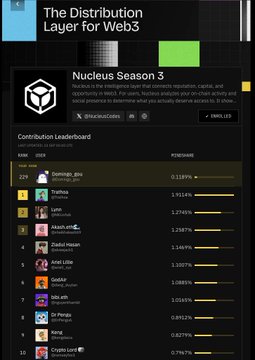 The image shows a "Nucleus Season 3" leaderboard with "The Distribution Layer for Web3" headline, where "Burminog" is ranked 229th with a 0.119% reward and a 500 $AURA prize is displayed, visually supporting the tweet about competing fiercely for the qualification spot against @BeldexCoin ranked 300th by locking 10,000 BDX into a Beldex masternode.