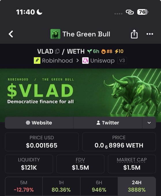 The image shows a crypto token page for "The Green Bull" ($VLAD), a Robinhood-branded token on Uniswap V3, with a price of $0.001565 USD and massive 24-hour gains of 3888% alongside a 946% 6-hour surge. The meme-style post humorously references the ticker name $VLAD to tag Vlad Tenev, the Robinhood CEO, playfully connecting the platform-branded token to him.