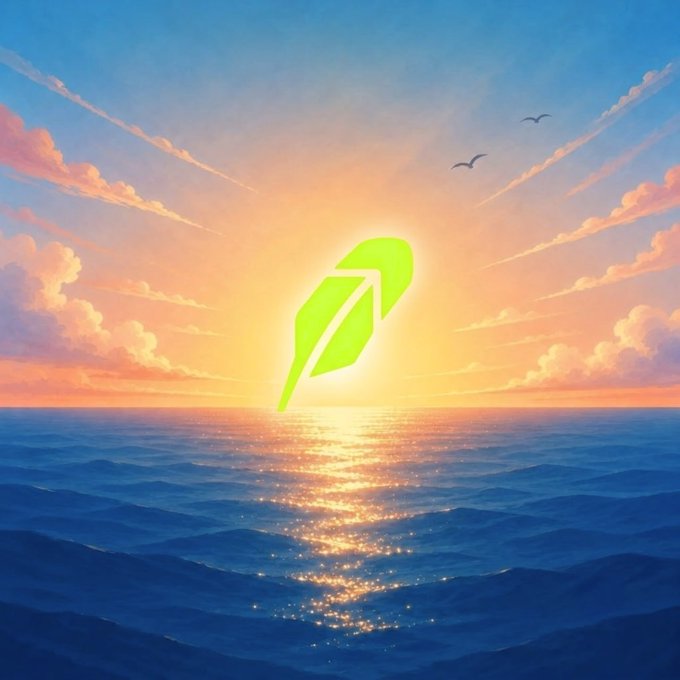 A vibrant sunset over the ocean is overlaid with the green Robinhood feather logo, with the sun's golden light reflecting on the water below, evoking the brand's crypto platform mentioned in the post.