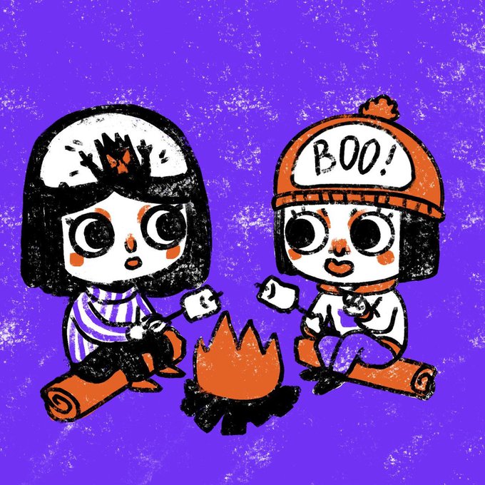 A colorful illustration on a purple background shows two cartoon characters—one with a black hood and one wearing an orange 'BOO!' beanie—roasting marshmallows over a campfire.