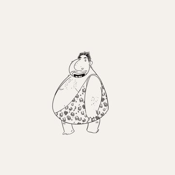 A simple black and white sketch of a cartoonish, round figure wearing a leopard-print swimsuit or outfit, smiling and waving.