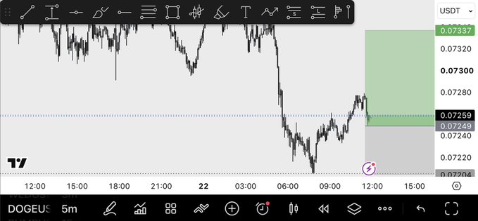 A TradingView chart of DOGE/USD on a 5-minute timeframe shows a long position setup with a green profit target zone around 0.07337 and a stop loss at 0.07204, matching the post's described trade.