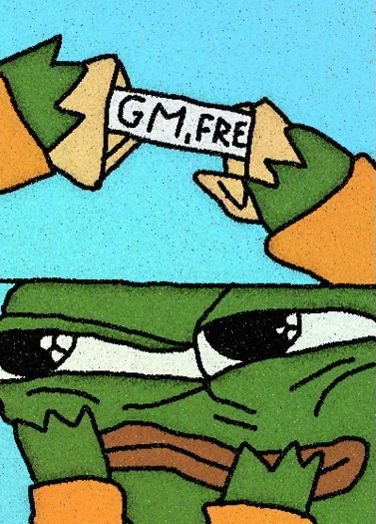 A cartoon illustration of a frog-like character wearing a mask with the text 'GM, FRE' visible on a small sign above.