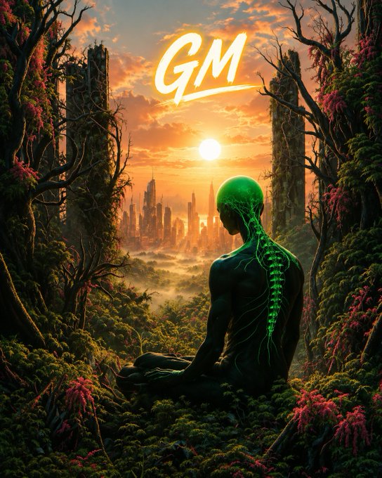 Surreal digital art of a humanoid figure with a glowing green spine meditating in a lush forest, overlooking a futuristic city at sunset with 'GM' (Good Morning) written in the sky.