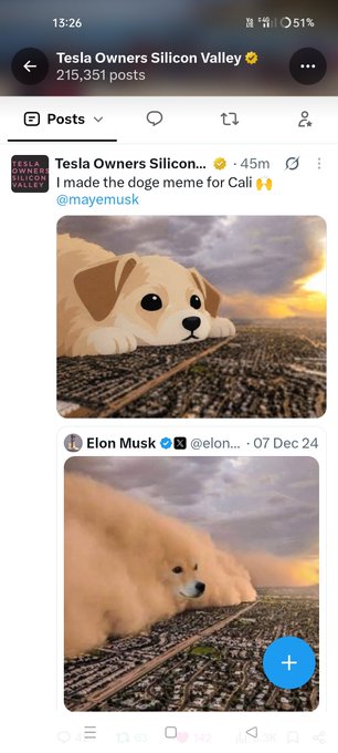 A mobile screenshot of a Tesla Owners Silicon Valley subreddit post by 'mayemusk' showing a meme of a giant doge over a city landscape, posted 45 minutes prior.