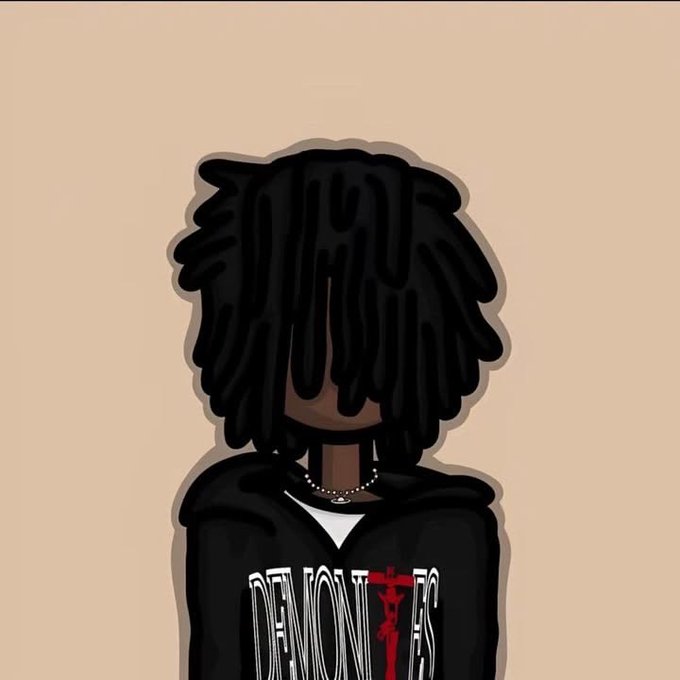 An illustrated digital artwork of a person with dark skin, voluminous black dreadlocks covering their eyes, wearing a black Devontaeers t-shirt and a silver chain necklace against a tan background.