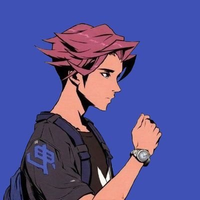 An anime-style profile illustration of a young man with spiky pinkish-red hair wearing a dark vest with a blue emblem, looking at his wristwatch against a solid blue background.