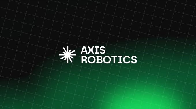 A minimalist graphic featuring the 'AXIS ROBOTICS' logo in white text next to a starburst icon, set against a dark background with a green grid pattern and gradient.