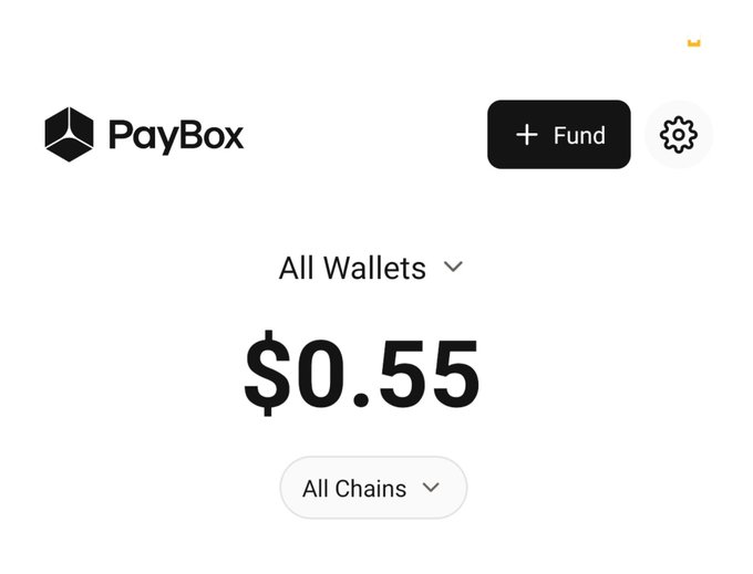 A PayBox app dashboard displays a balance of $0.55 across "All Wallets" and "All Chains," reflecting the user's newly downloaded PayBox mobile application referenced in the post.