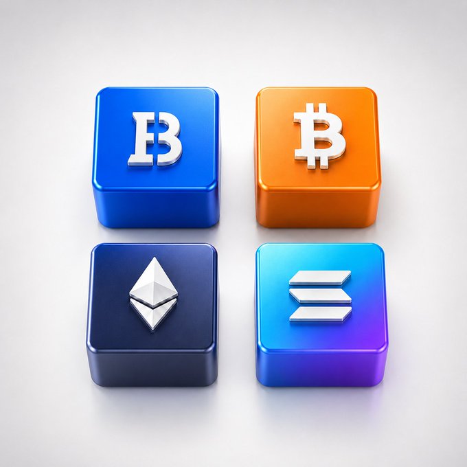 Four glossy 3D crypto tokens arranged in a grid, featuring icons for Biconomy (blue, "B"), Bitcoin (orange, "₿"), Ethereum (dark blue, diamond), and Solana (purple-blue, stacked layers) — visually representing the "Pick Your Champion" lineup of four major crypto ecosystems mentioned in the post.