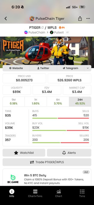 Mobile screenshot of PulseChain Tiger (PTIGER/WPLS) token info showing price $0.005273, market cap $3.4M, 526.9260 WPLS price, 357 traders, and a 1080% deposit bonus ad.
