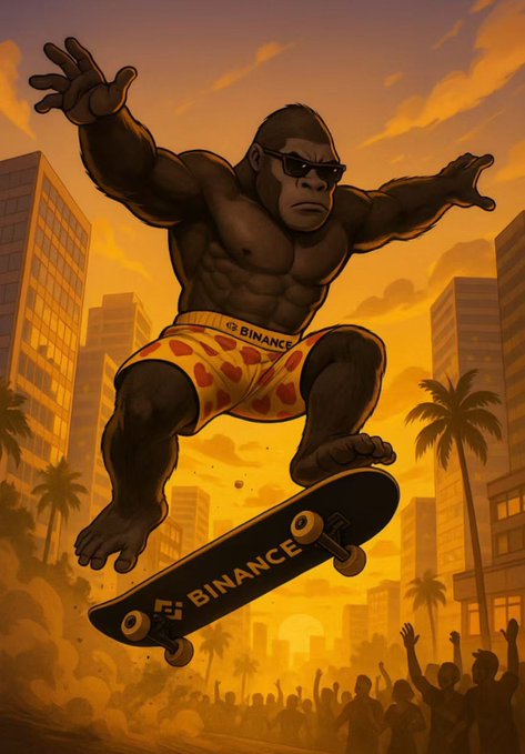 A cartoon illustration of a muscular gorilla wearing sunglasses and orange patterned shorts, performing a trick on a black skateboard labeled 'BINANCE' against a sunset cityscape.