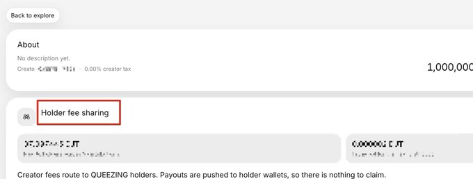 The image displays a crypto token page showing "Holder fee sharing" with 0.00% creator tax and 1,000,000 supply, explaining that creator fees route to QUEEZING holders with payouts pushed directly to their wallets. This relates to the post by highlighting how Pons' built-in cashback/fee-sharing feature allows token creators to automatically distribute creator fees to holders, which is why small-cap tokens on Robinhood lack traction since many devs don't realize this capability exists.