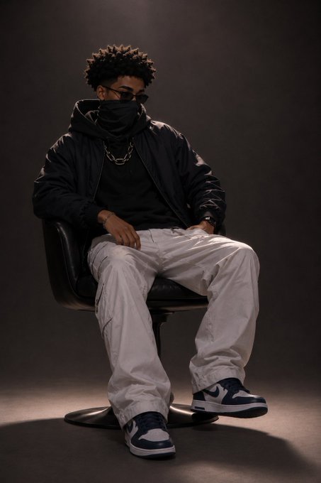 In this image, a man wearing a black jacket and white pants sits on a chair with his legs crossed. He has sunglasses on and appears to be posing for the photo. The background of the image is dark gray, which contrasts with the man's attire and adds depth to the scene. There are no texts or other objects in the image, making it a simple yet striking composition that highlights the subject.