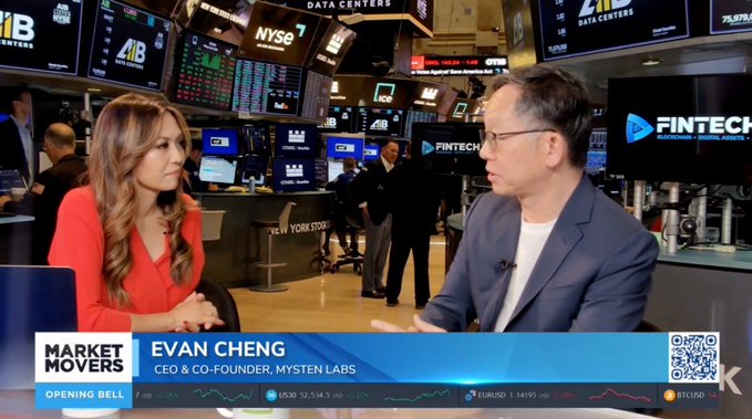 CNBC Market Movers segment at the New York Stock Exchange featuring an interview with Evan Cheng, CEO & Co-Founder of Mysten Labs.