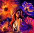 A vibrant, colorful digital artwork featuring a nude woman with flowing red hair surrounded by large, stylized flowers in bright orange, red, and purple hues.