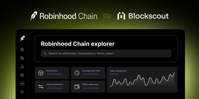 Screenshot of the Robinhood Chain explorer powered by Blockscout, featuring a search bar and metrics for total blocks, average block time, daily transactions, and wallet addresses.