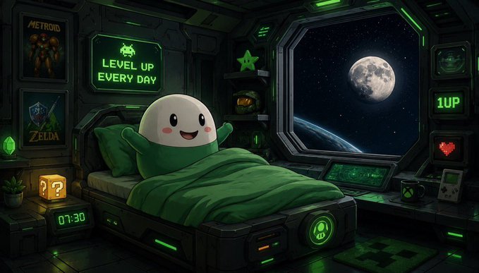 A pixel-art style illustration of a cute green and white round character in bed inside a spaceship room, with a "LEVEL UP EVERY DAY" sign, gaming posters (Metroid, Zelda), and a view of the moon through a window.