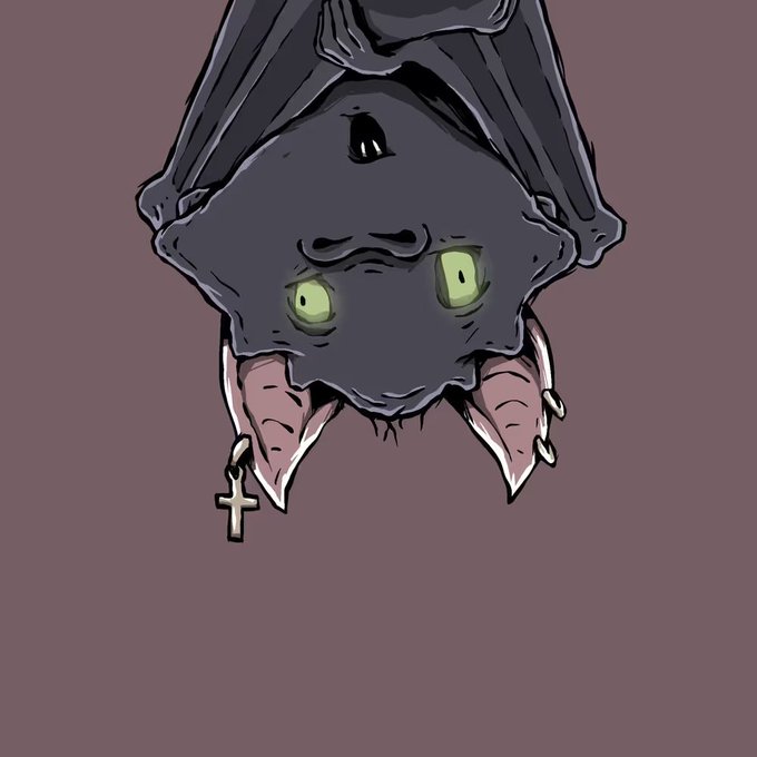 A digital illustration shows an upside-down creature with bat-like ears, glowing green eyes, fangs, and a small cross earring against a plain mauve background.