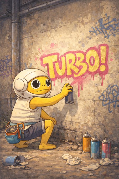 An illustrated turtle-like character wearing a white hooded outfit and a utility belt kneels while spray-painting the word "TURBO!" in bright yellow and pink graffiti on a weathered wall, with several spray paint cans scattered on the ground.