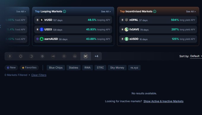 A cryptocurrency DeFi dashboard displaying top looping markets (trUSD at 48.5% looping APY, USDD at 45.93%, earnAUSD at 43.88%) and top incentivized markets (nOPAL at 504% long yield APY, fxSAVE at 297%, sUSDD at 125%), with the Pendle logo visible in the navigation icon row.